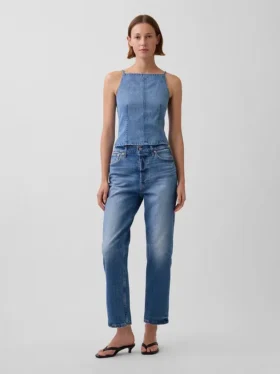 Top in denim morbidissimo con cuciture e scollo quadrato