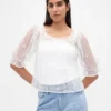Top in tulle trasparente ricamato