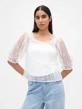 Top in tulle trasparente ricamato