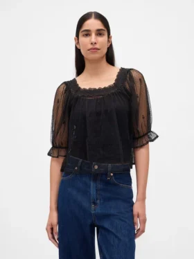 Top in tulle trasparente ricamato