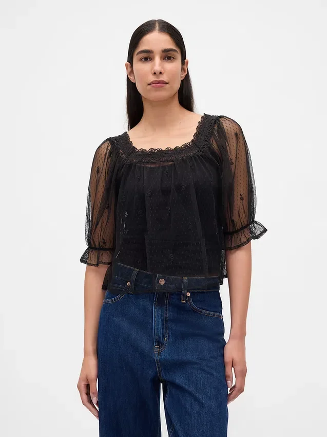 Top in tulle trasparente ricamato