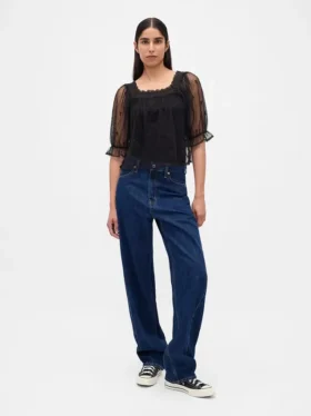 Top in tulle trasparente ricamato