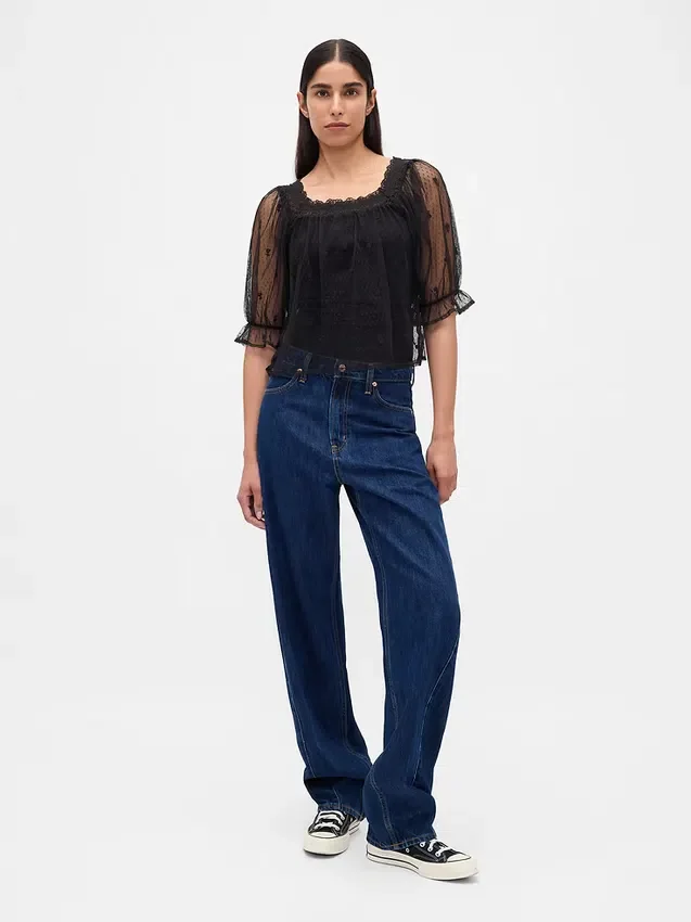 Top in tulle trasparente ricamato