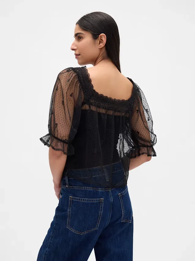Top in tulle trasparente ricamato