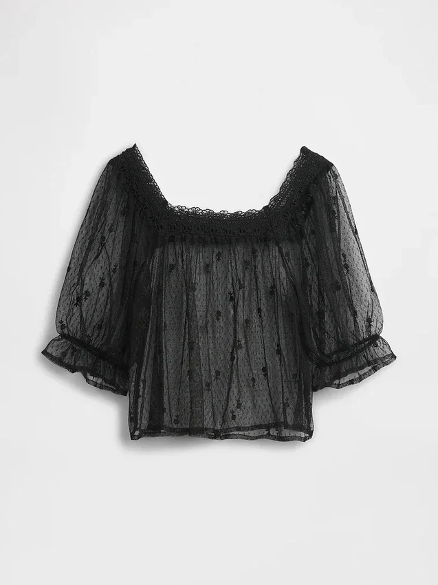 Top in tulle trasparente ricamato