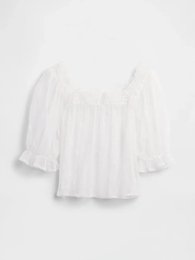 Top in tulle trasparente ricamato