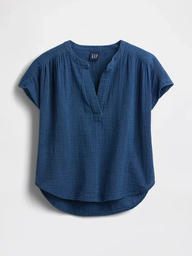 Top oversize in denim di garza di cotone con scollo a V
