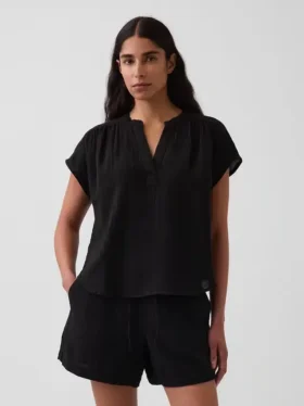 Top oversize in garza di cotone con scollo a V