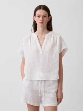 Top oversize in garza di cotone con scollo a V