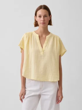 Top oversize in garza di cotone con scollo a V