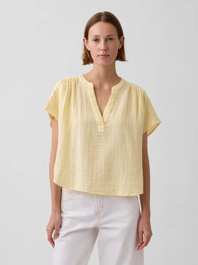 Top oversize in garza di cotone con scollo a V