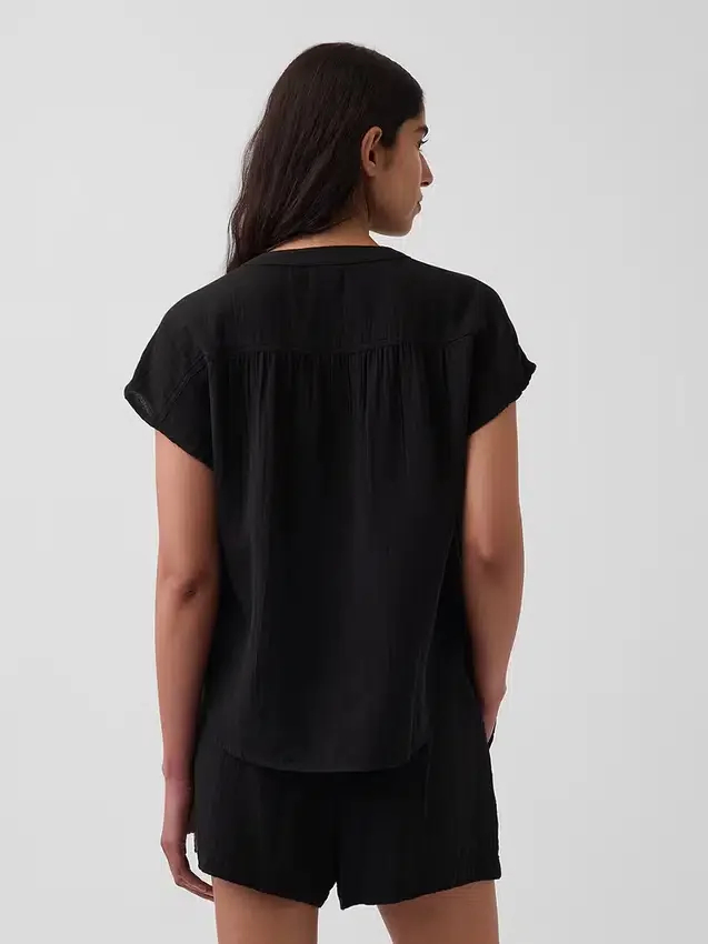 Top oversize in garza di cotone con scollo a V