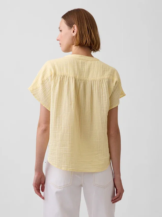 Top oversize in garza di cotone con scollo a V