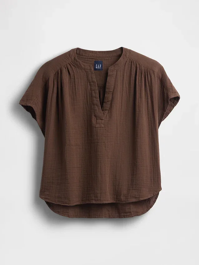 Top oversize in garza di cotone con scollo a V