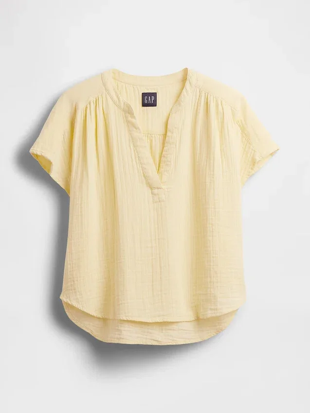 Top oversize in garza di cotone con scollo a V