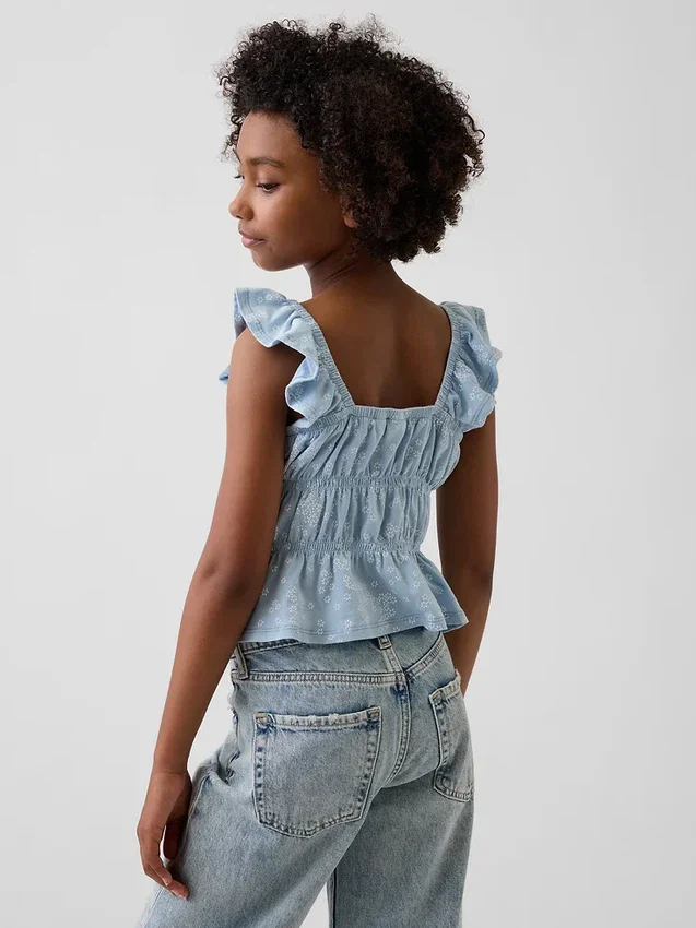 Top peplum smockato con maniche svolazzanti per bambini