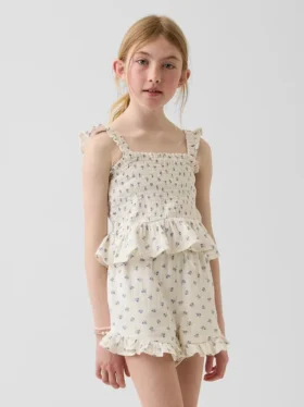 Top peplum smockato in garza di cotone per bambini