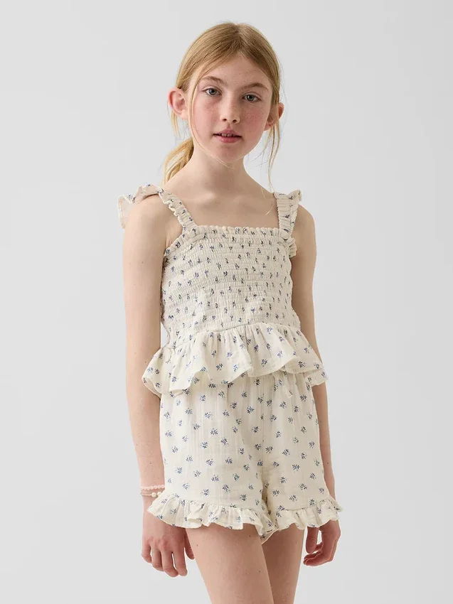 Top peplum smockato in garza di cotone per bambini