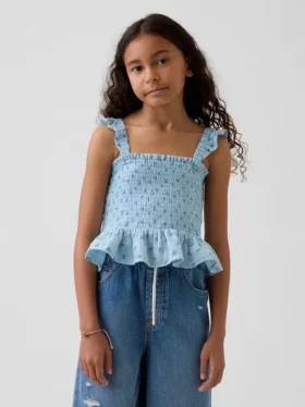 Top peplum smockato in garza di cotone per bambini