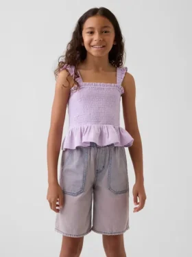 Top peplum smockato in garza di cotone per bambini