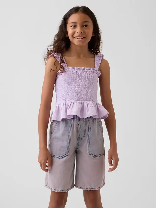 Top peplum smockato in garza di cotone per bambini