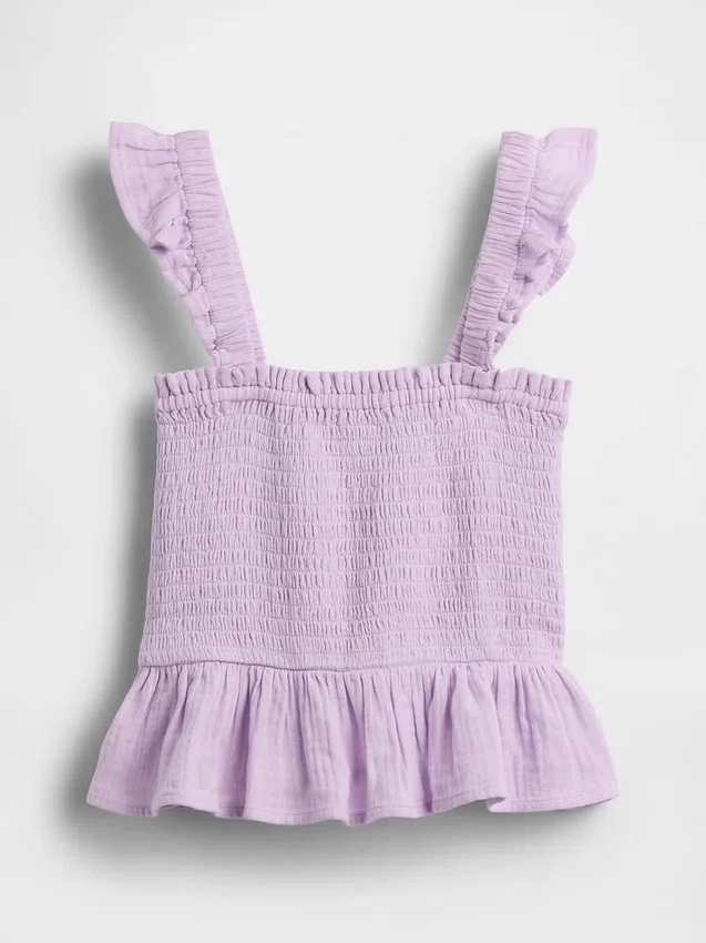 Top peplum smockato in garza di cotone per bambini