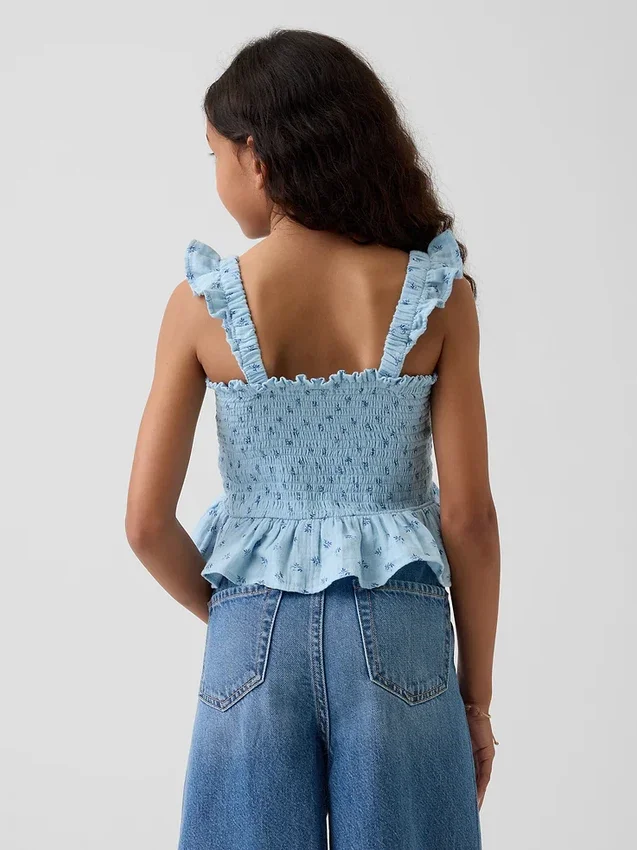 Top peplum smockato in garza di cotone per bambini