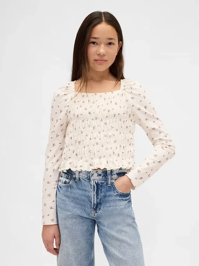 Top per bambini con collo quadrato e smock