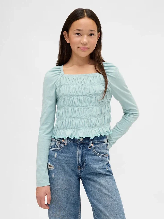 Top per bambini con collo quadrato e smock