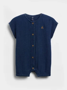 Tuta corta in denim e garza di cotone per neonati