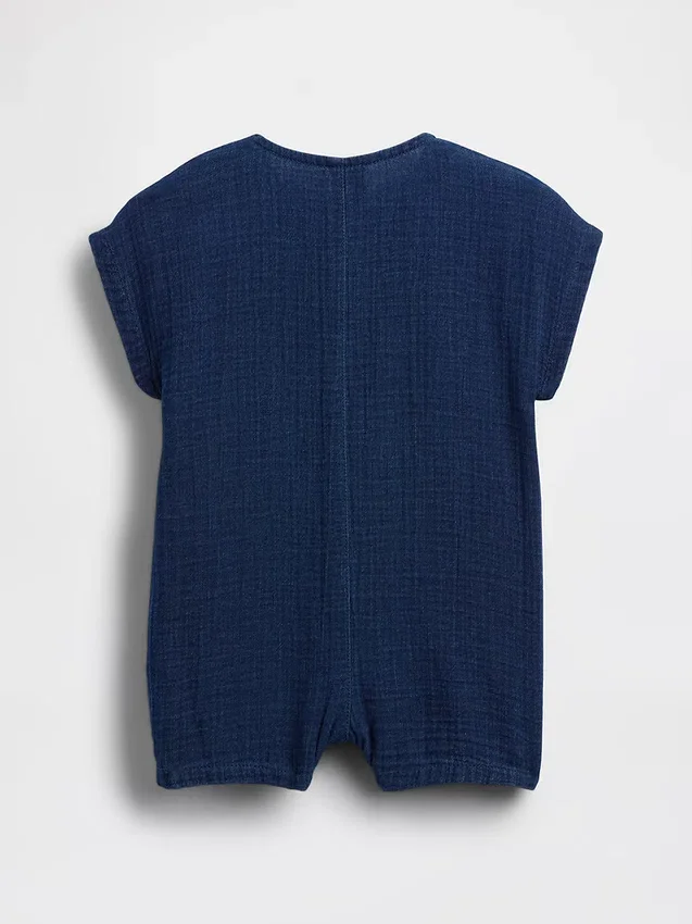 Tuta corta in denim e garza di cotone per neonati