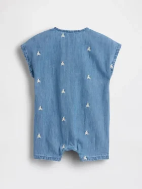 Tuta corta in denim per neonati con ricamo dell’orsetto Brannan