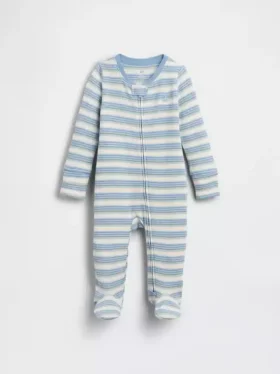 Tutina con piedini a righe in cotone a trama waffle