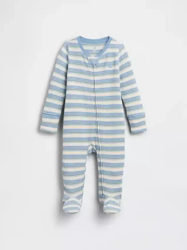 Tutina con piedini a righe in cotone a trama waffle