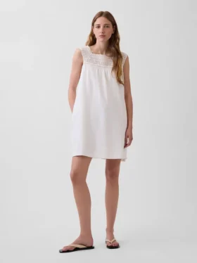 Vestito con carré all’uncinetto in misto lino
