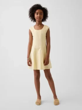 Vestito da bambina in misto lino e cotone con scollo rotondo