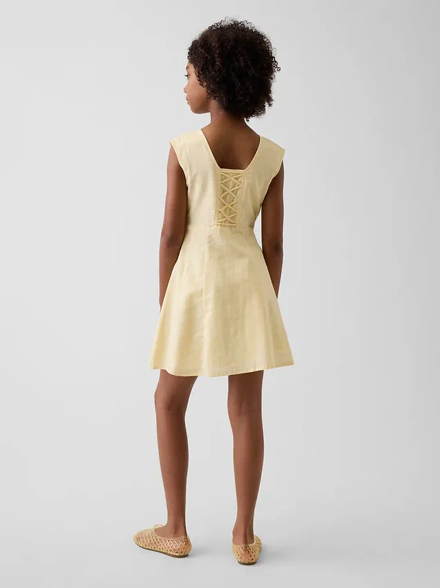 Vestito da bambina in misto lino e cotone con scollo rotondo