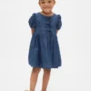 Vestito in denim con maniche a sbuffo e fiocco per neonato & bebè