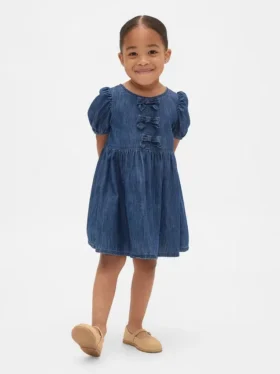 Vestito in denim con maniche a sbuffo e fiocco per neonato & bebè