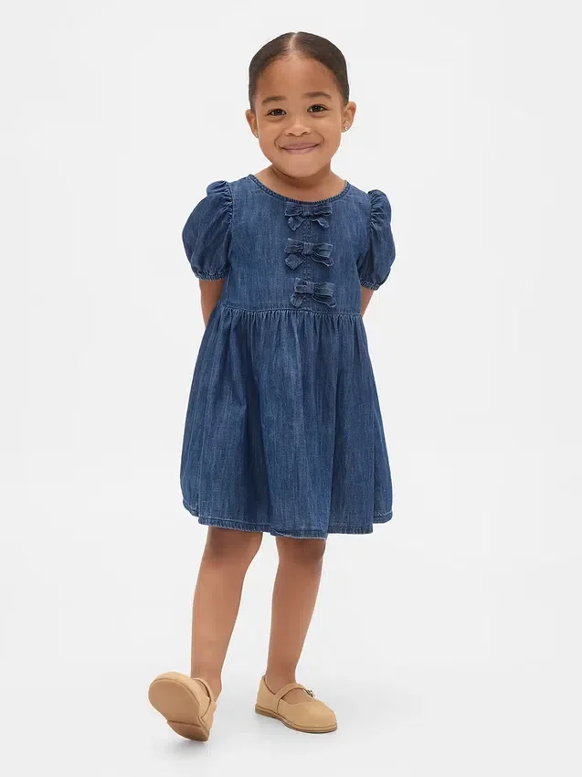 Vestito in denim con maniche a sbuffo e fiocco per neonato & bebè