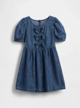 Vestito in denim con maniche a sbuffo e fiocco per neonato & bebè