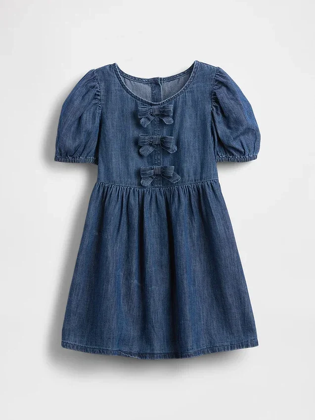 Vestito in denim con maniche a sbuffo e fiocco per neonato & bebè