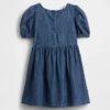 Vestito in denim con maniche a sbuffo e fiocco per neonato & bebè