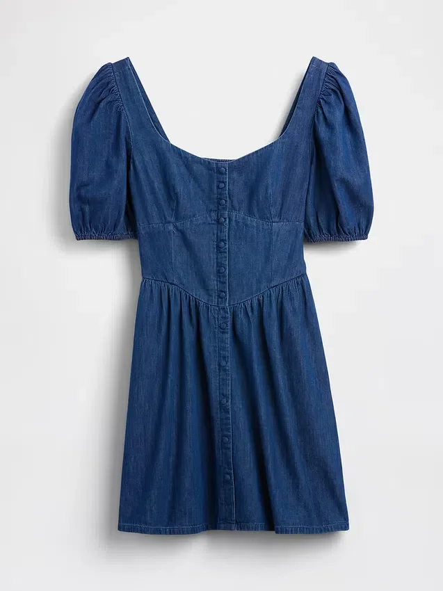 Vestito in denim con maniche a sbuffo e scollo a cuore