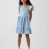 Vestito in denim con maniche svolazzanti e scollo a cuore