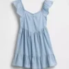 Vestito in denim con maniche svolazzanti e scollo a cuore