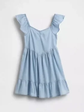 Vestito in denim con maniche svolazzanti e scollo a cuore