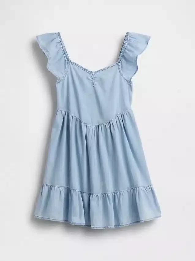 Vestito in denim con maniche svolazzanti e scollo a cuore