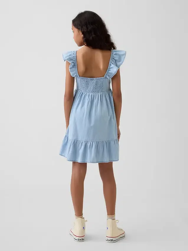 Vestito in denim con maniche svolazzanti e scollo a cuore