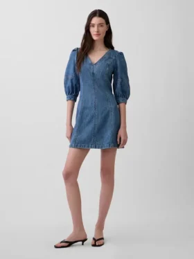 Vestito in denim morbidissimo con maniche a sbuffo